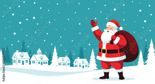 Santa Claus waves hello while carrying a sack of gifts over his shoulder in a snowy village scene.