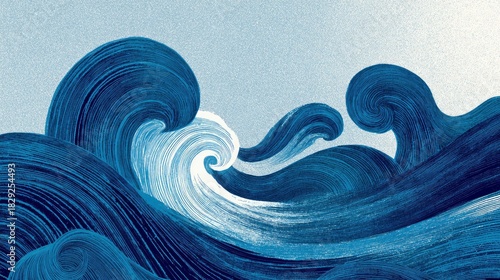 Fototapeta Naklejka Na Ścianę i Meble -  Stylized Ocean Waves In Blue And White Illustration