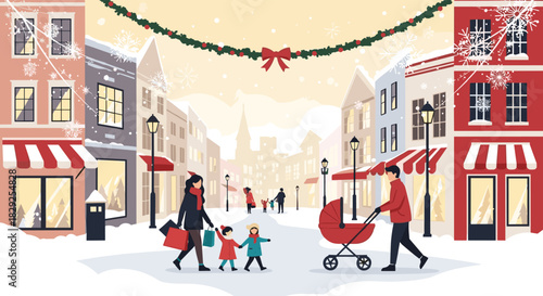 Winter street scene with families shopping and strolling in the snow during the holidays.