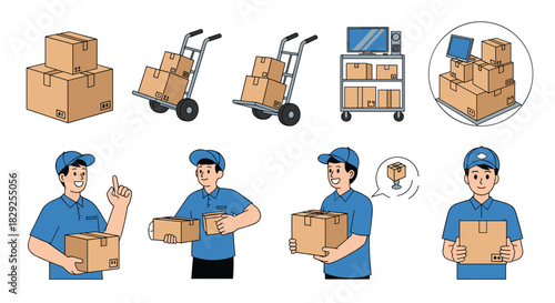 Delivery workers handling boxes and loading them onto carts and trolleys for shipping.