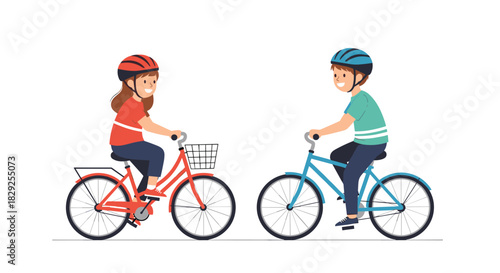 Two children, a boy and a girl, wearing helmets and riding bicycles on a white background.