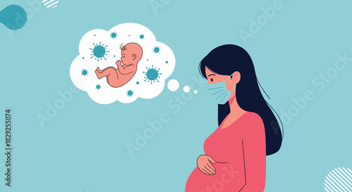 Pregnant woman wearing a mask thinking about her unborn baby surrounded by viruses.
