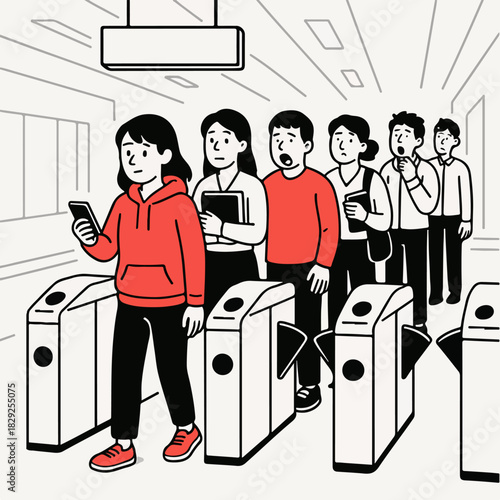 Commuters Waiting in Line at Train Station Ticket Gates Slice of Life City Illustration
