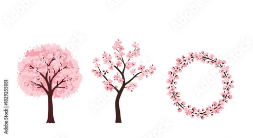 Three stylized cherry blossom elements: a full tree, a flowering branch, and a circular wreath.