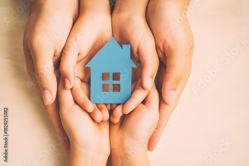 Multiple Hands Holding Blue House Cutout Symbolizing Family, Protection, and Community Support