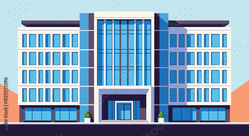 Modern office building with glass facade and blue tinted windows offering natural light and a sleek aesthetic.