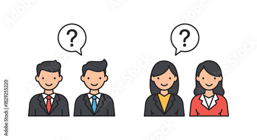 Business meeting question two men and two women in business attire pondering solutions ideal for teamwork and collaboration themes seeking clarity doubt