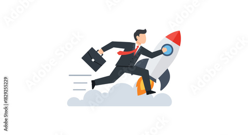 Business launch businessman riding a rocket symbolizing a fast startup against a white backdrop for illustrating rapid growth and success.
