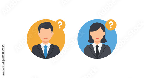 business people question unsure professionals in doubt about company strategy wondering about decision making for web banner evoking uncertainty confusion