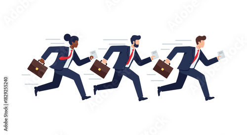 Business people running in a rush hurrying with briefcase and documents depicting competition time pressure and urgency in modern business.