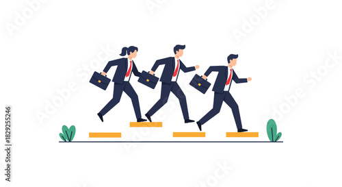 business people running on steps competitive career path striving for success demonstrating ambition and corporate teamwork in a growing business