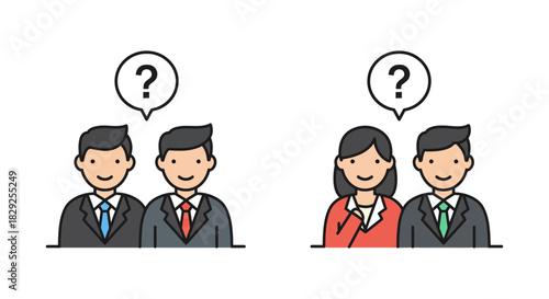 Business people with questions diverse team unsure about project strategy depicting confusion doubt needing assistance relevant for corporate training and teamwork
