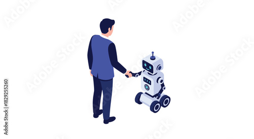 A man in a suit shakes hands with a friendly white robot, symbolizing collaboration and technology.