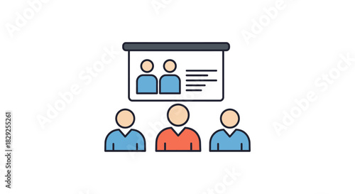 business presentation team at a conference listening to a speaker on a screen ideal for training materials and corporate communications.