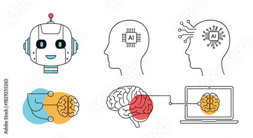 Collection of icons representing artificial intelligence, from robot faces to human brains and computer interfaces.