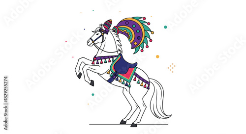 White horse with colorful saddle and headdress rears up against a white background with scattered confetti.