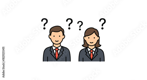 Confused business people unsure man and woman in suits with question marks above symbolizing uncertainty in decision-makingideal for financial blog posts.
