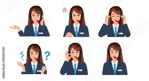 Collection of female customer service agent expressions showing different emotions and actions.
