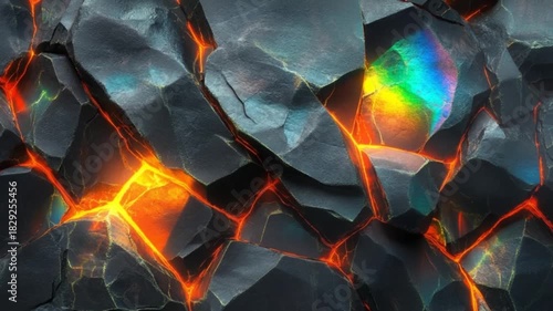 Molten rock fissures illuminate a dramatic, fractured volcanic landscape.