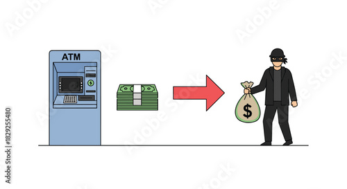 Illustration of a robber stealing money from an ATM machine.