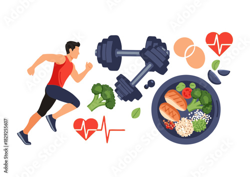 Healthy lifestyle with running, dumbbells, and balanced nutrition of food and vegetables