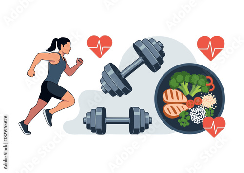 A holistic approach to well-being featuring a running woman, dumbbells, and a healthy meal for a balanced lifestyle