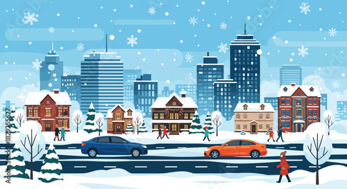 Winter cityscape with snow falling and cars driving on a snowy road.