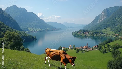 Picturesque alpine lake scenery with a cow grazing on a grassy hillside.