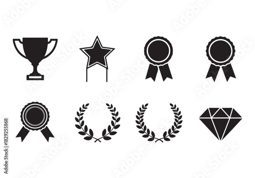 Set of winning award and prize icons, trophy reward, victory trophy signs