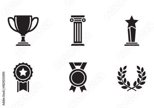 Set of winning award and prize icons, trophy reward, victory trophy signs