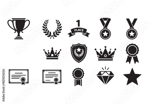 Set of winning award and prize icons, trophy reward, victory trophy signs