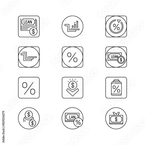 Set of twelve icons representing financial and business concepts such as loans, interest rates, and investments