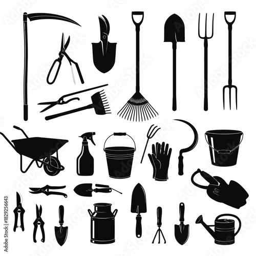 A collection of various gardening tools and equipment including shovels, rakes, shears, and watering cans, depicted in a black and white illustration style