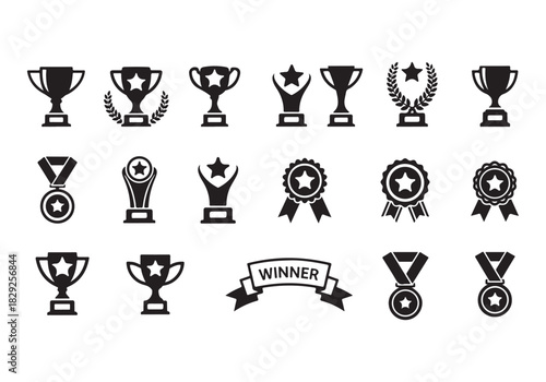 Set of winning award and prize icons, trophy reward, victory trophy signs