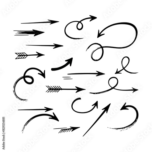 Collection of various arrow symbols and directional indicators in black ink