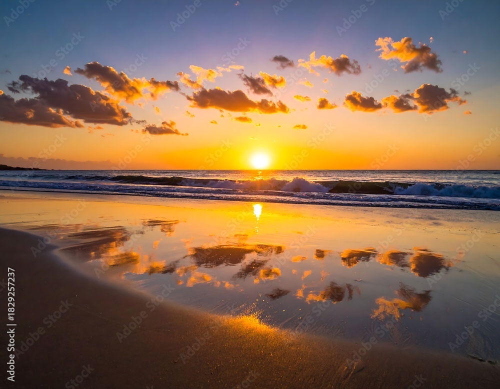 Obraz premium Vibrant sunset reflects beautifully on a sandy beach, waves softly lapping at the shore under a partly cloudy sky