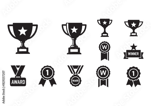 Set of winning award and prize icons, trophy reward, victory trophy signs
