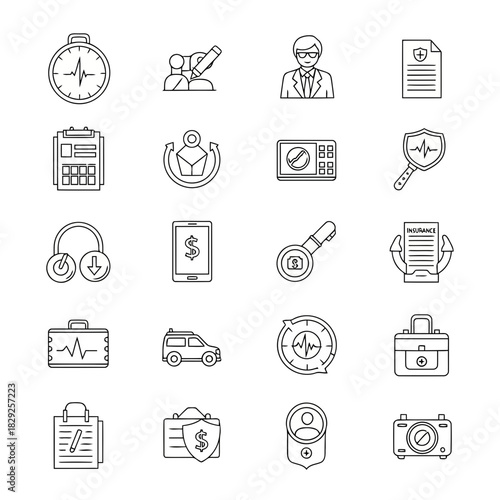 Set of medical and business icons including healthcare professionals, equipment, documents, and technology symbols