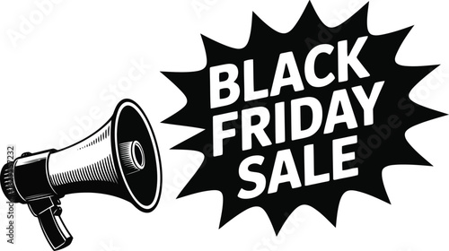 A classic black and white megaphone loudly proclaims a Black Friday Sale message on a white background