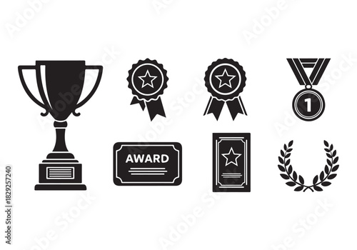 Set of winning award and prize icons, trophy reward, victory trophy signs