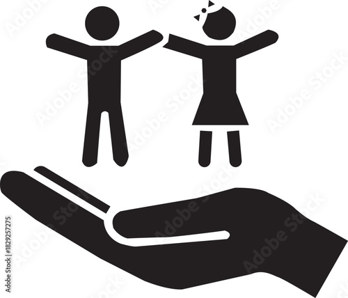 PIllustration of hand supporting two children, a boy and a girl, symbolizing care and protection, white