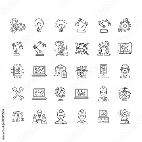 Set of icons representing various engineering, technology, and industrial concepts including machinery, tools, and professionals