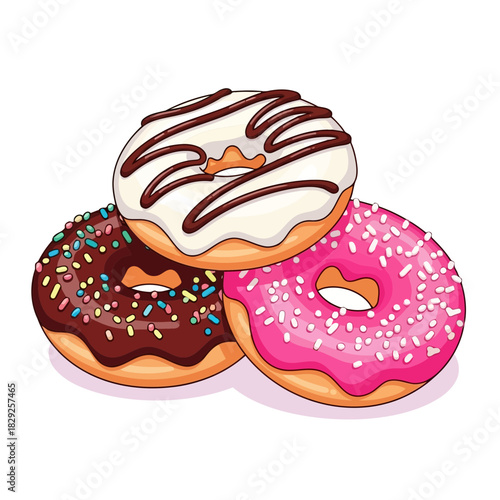 Three delicious donuts with different toppings and colors