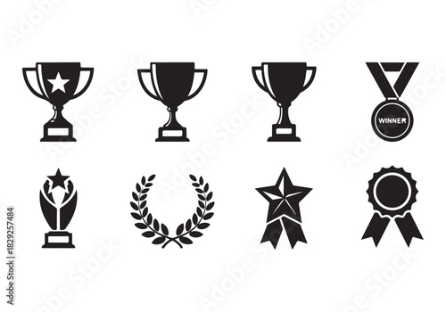 Set of winning award and prize icons, trophy reward, victory trophy signs