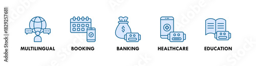 Chatbot banner web icon illustration concept with icon of multilingual, booking, banking, healthcare, and education