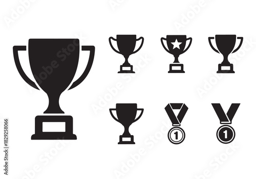 Set of winning award and prize icons, trophy reward, victory trophy signs
