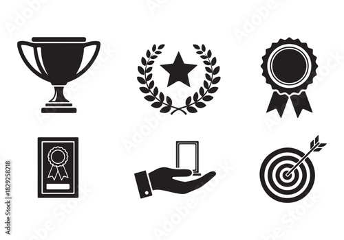 Set of winning award and prize icons, trophy reward, victory trophy signs
