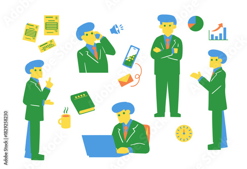 仕事をするスーツの男性のポーズセット