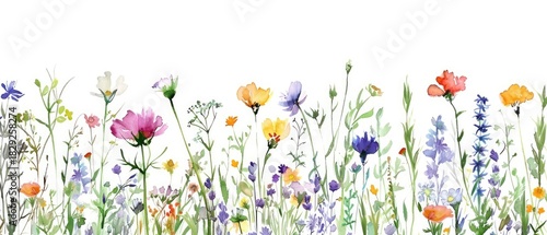 Watercolor wildflowers border for invitation design, card backgrounds, decor