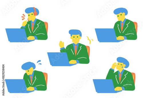 PCで仕事をする様々なポーズのスーツの男性